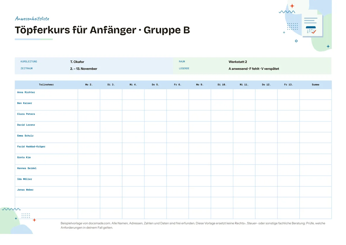 Anwesenheitsliste Vorlage in Google Docs im Querformat mit Namen, zehn Datumsspalten und Summe