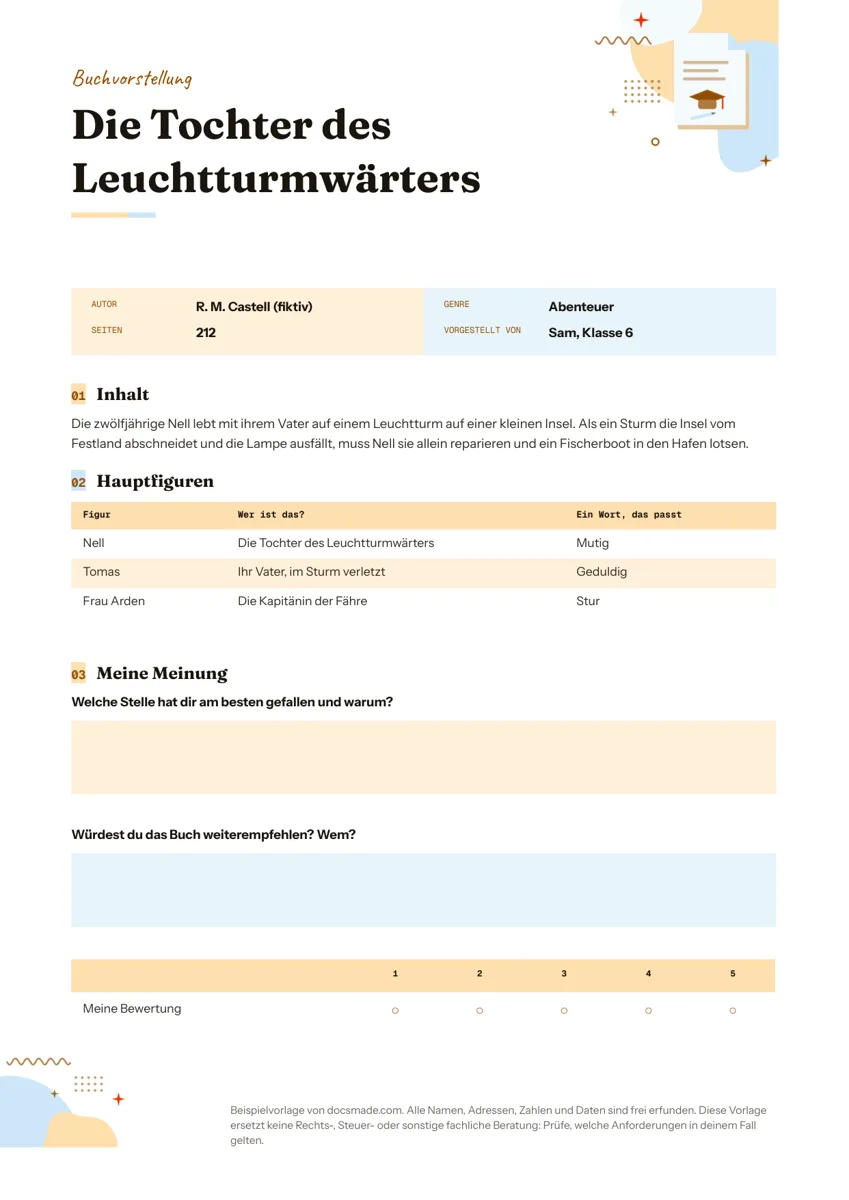 Buchvorstellung Vorlage in Google Docs mit Buchangaben, Inhalt, Tabelle der Hauptfiguren, Meinung und Bewertung