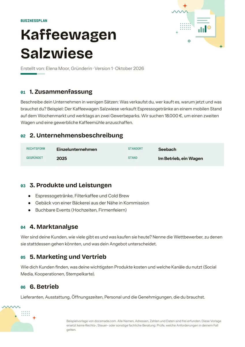Businessplan Vorlage in Google Docs, erste Seite