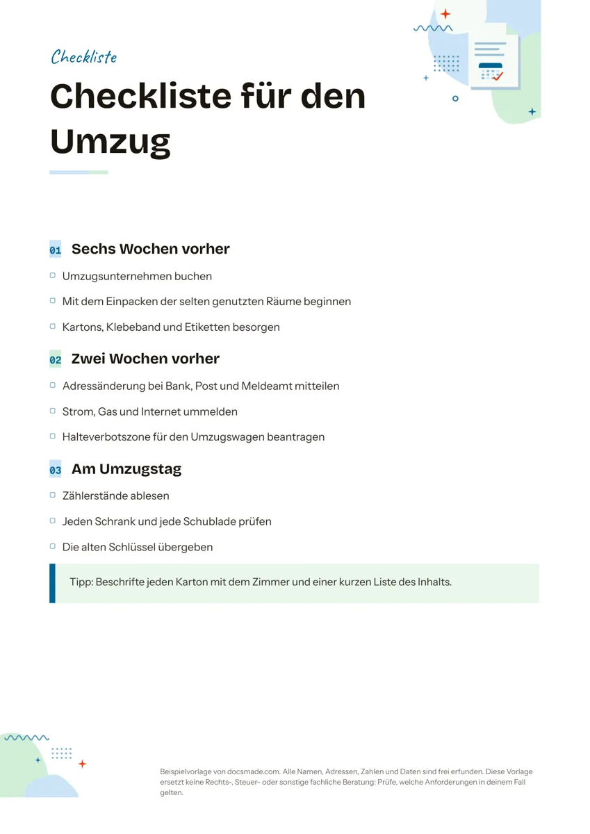 Checkliste Vorlage in Google Docs, erste Seite