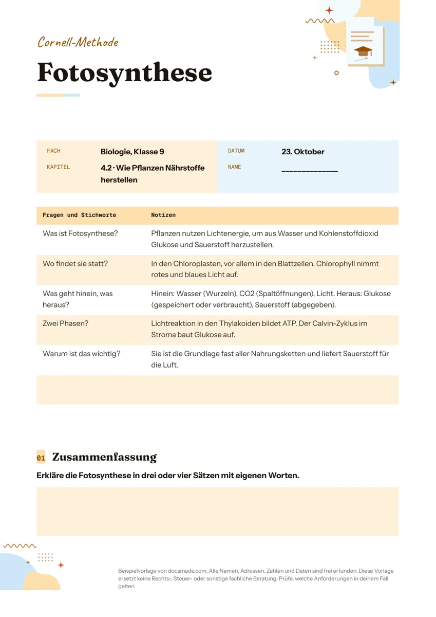 Cornell Methode Vorlage in Google Docs mit Fragenspalte, Notizspalte und Zusammenfassung zum Thema Fotosynthese