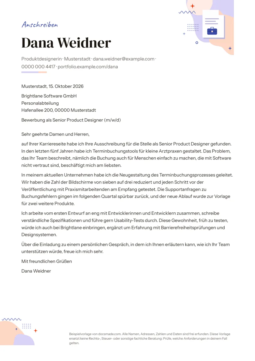 Anschreiben Vorlage in Google Docs, erste Seite