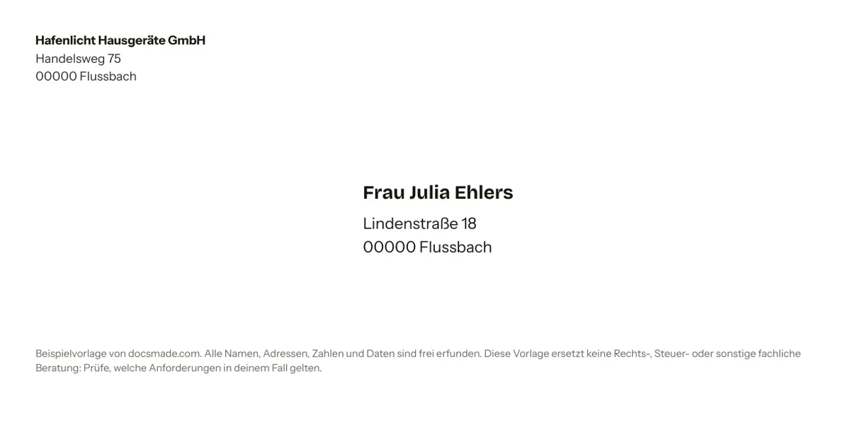 Briefumschlag Vorlage DIN lang in Google Docs mit Absender oben links und Empfängeranschrift rechts