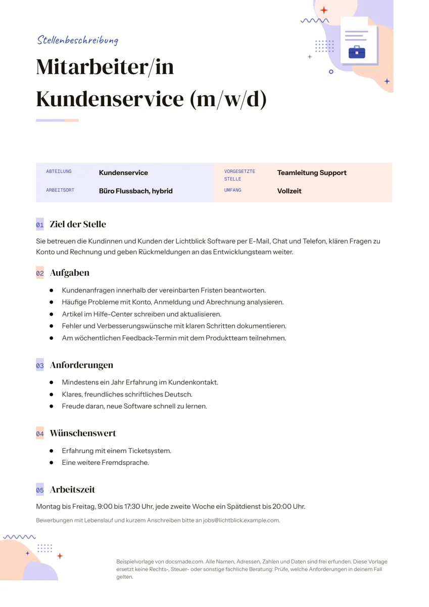 Stellenbeschreibung Vorlage in Google Docs mit Rahmendaten, Ziel der Stelle, Aufgaben und Anforderungen