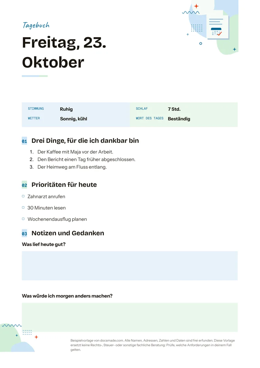 Tagebuch Vorlage in Google Docs mit Tagesangaben, Dankbarkeitsliste, Prioritäten zum Abhaken und Notizfeldern