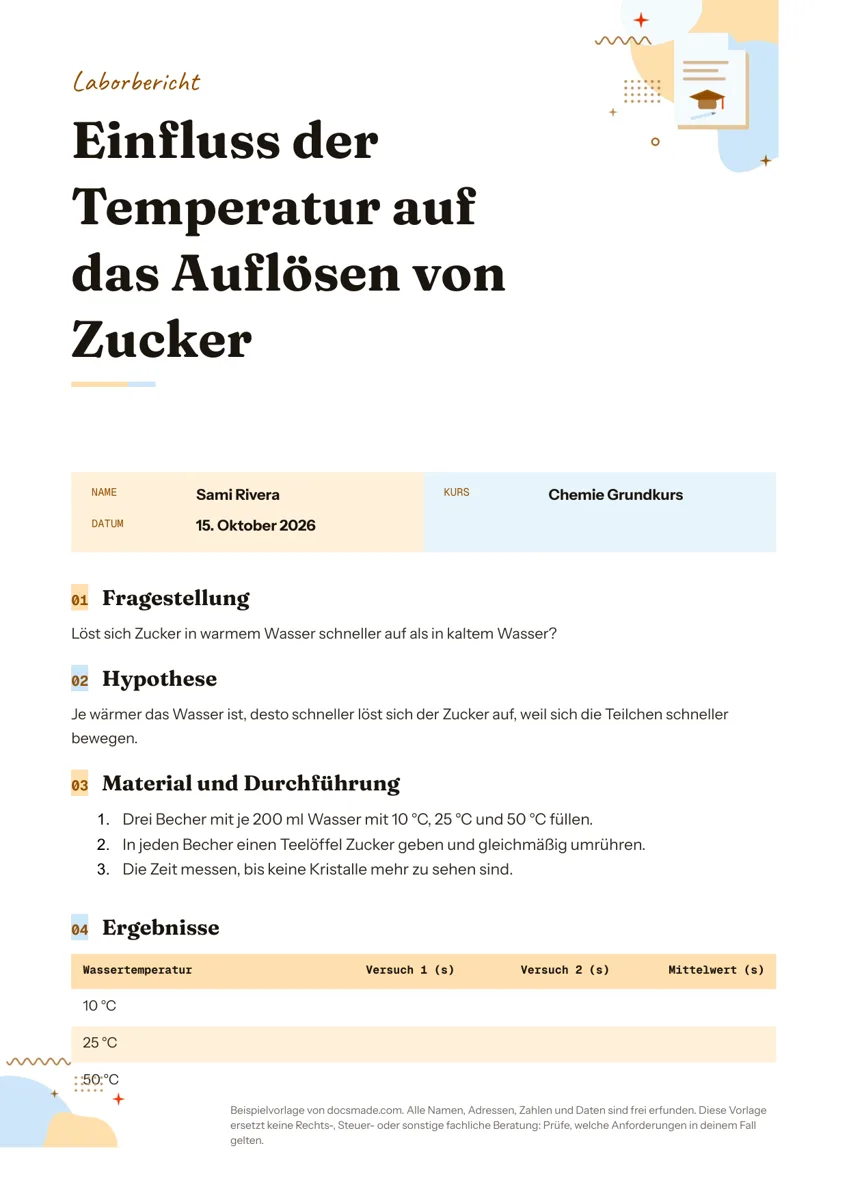 Versuchsprotokoll Vorlage in Google Docs, erste Seite