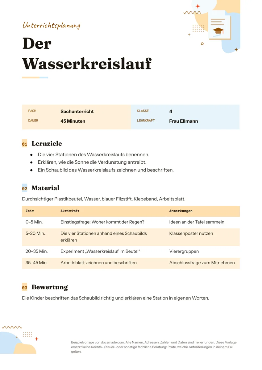 Unterrichtsplanung Vorlage in Google Docs, erste Seite