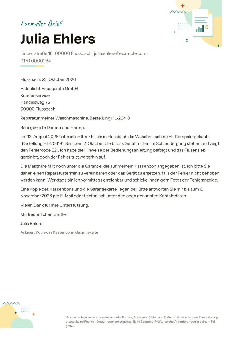 Brief Vorlage in Google Docs: formeller Brief mit Absender, Empfängeranschrift, Betreff und Grußformel auf A4