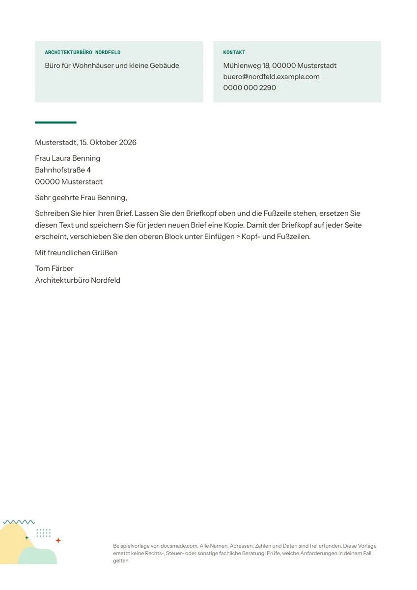 Briefkopf Vorlage in Google Docs, erste Seite