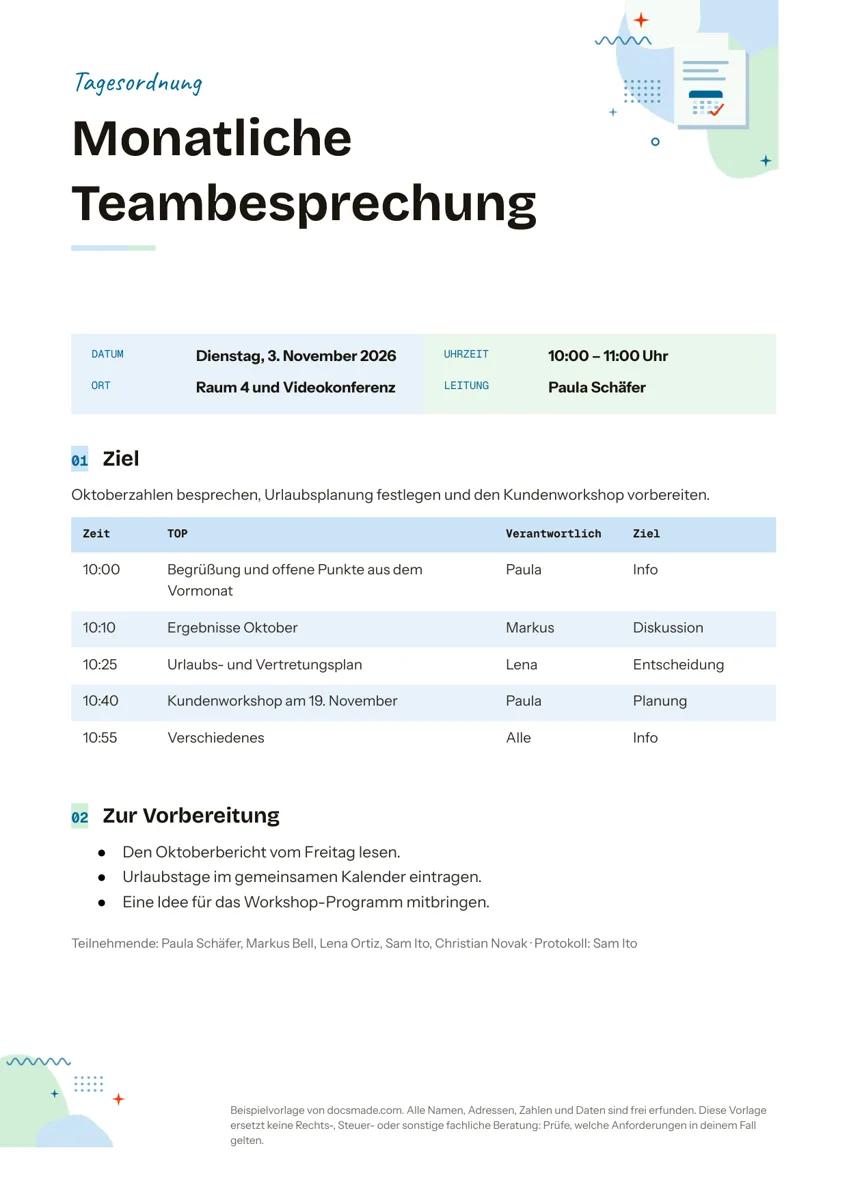 Tagesordnung Vorlage in Google Docs mit Rahmendaten, Ziel, Tabelle der Tagesordnungspunkte und Vorbereitung