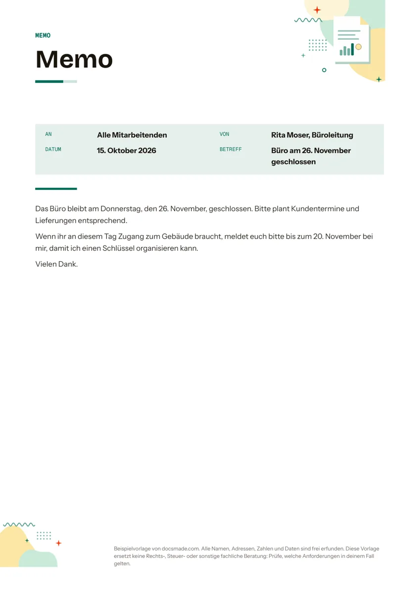 Memo Vorlage in Google Docs, erste Seite