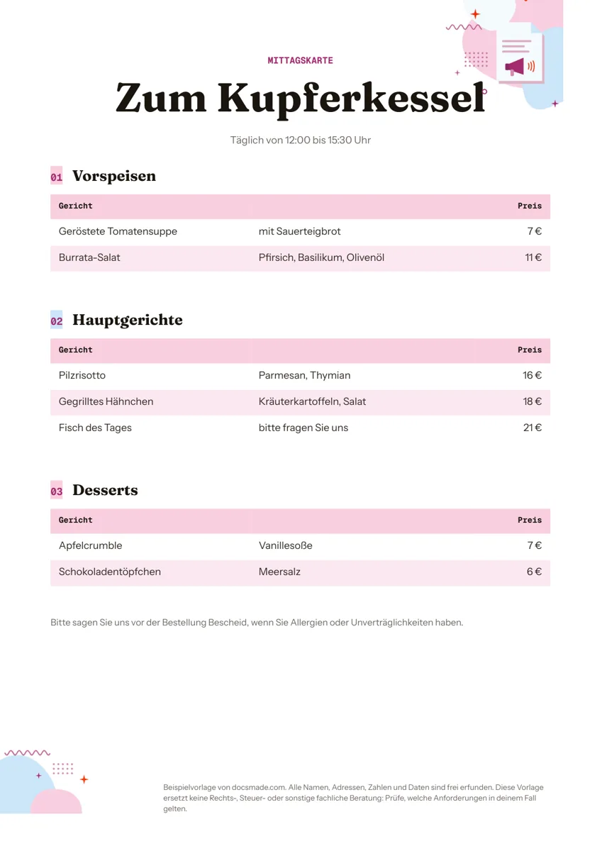 Speisekarte Vorlage in Google Docs, erste Seite