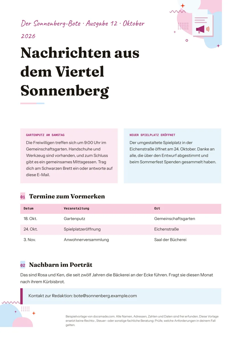 Newsletter Vorlage in Google Docs, erste Seite
