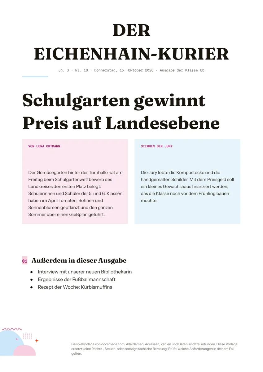Zeitung Vorlage in Google Docs, erste Seite