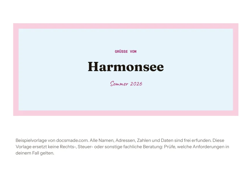 Postkarte Vorlage A6 in Google Docs: Vorderseite mit Grüßen vom Harmonsee und Rückseite mit Text und Adressfeld
