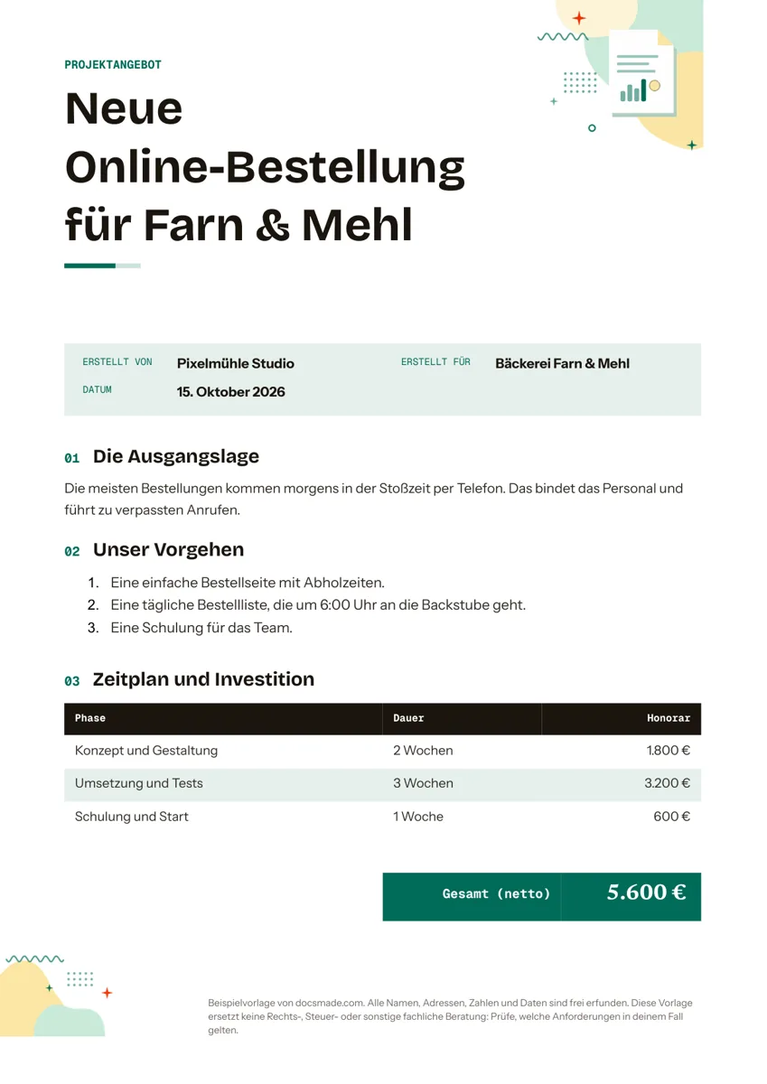 Angebot Vorlage in Google Docs, erste Seite