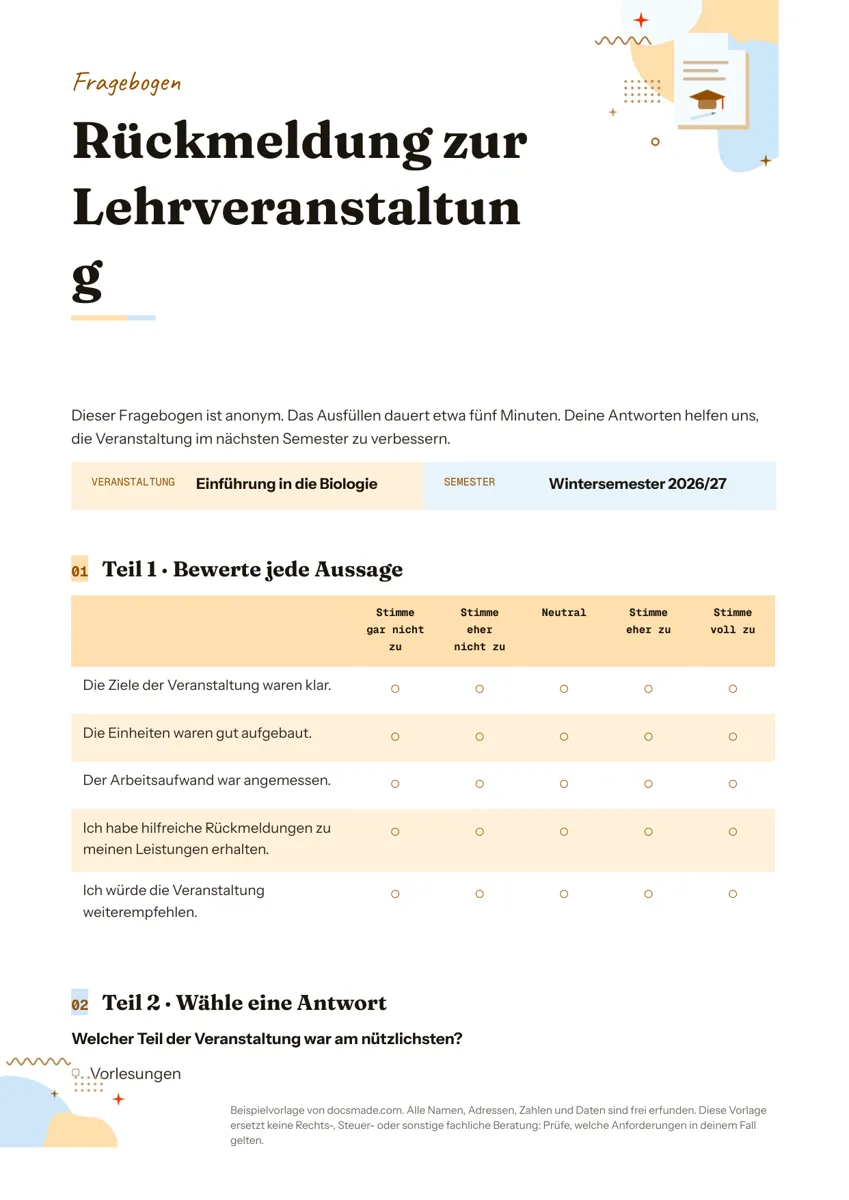 Fragebogen Vorlage in Google Docs, erste Seite