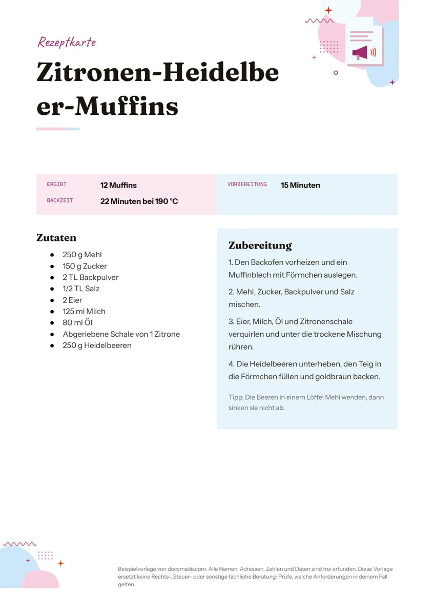 Rezeptvorlage in Google Docs, erste Seite