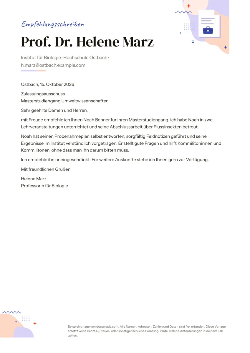 Empfehlungsschreiben Vorlage in Google Docs, erste Seite