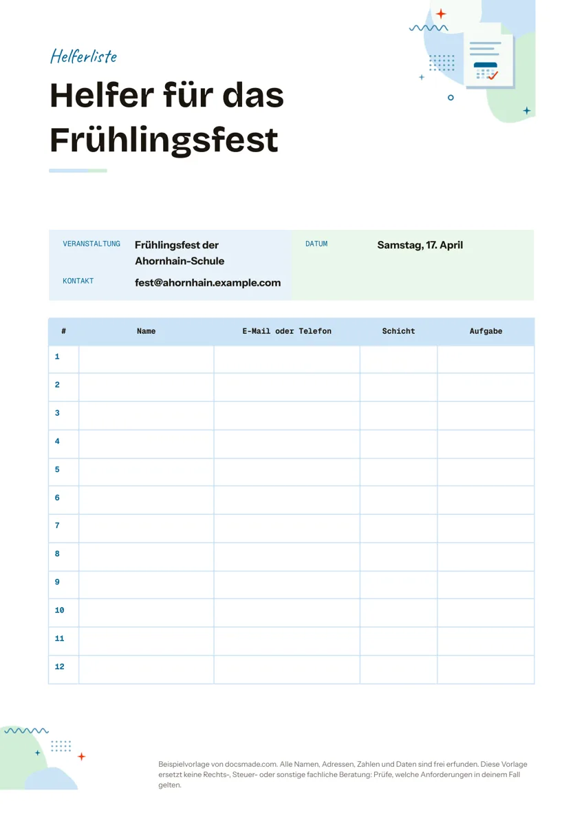 Teilnehmerliste Vorlage in Google Docs, erste Seite
