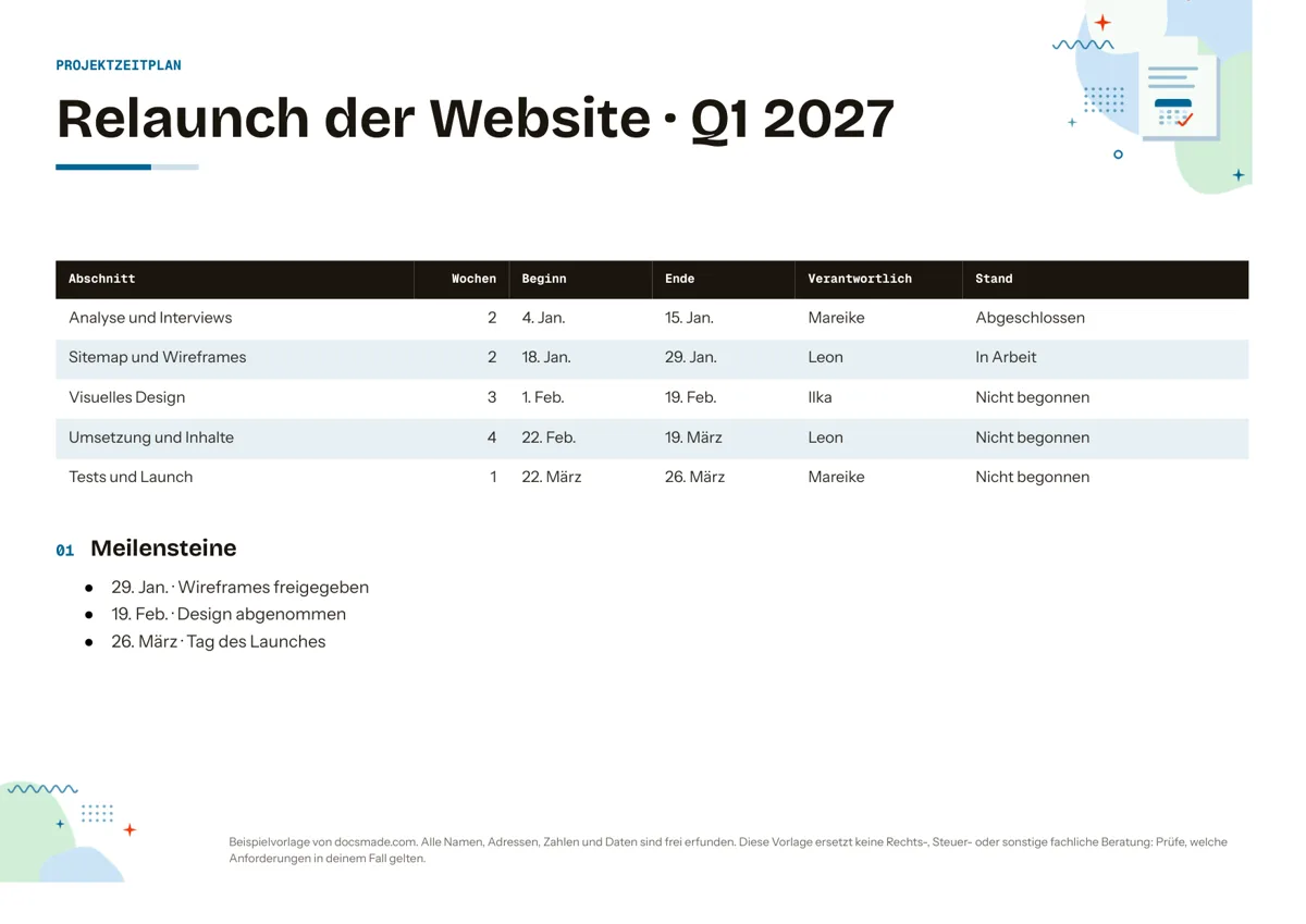 Zeitplan Vorlage in Google Docs, erste Seite