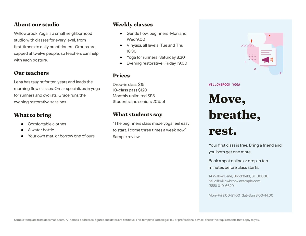 Brochure template in Google Docs, first page