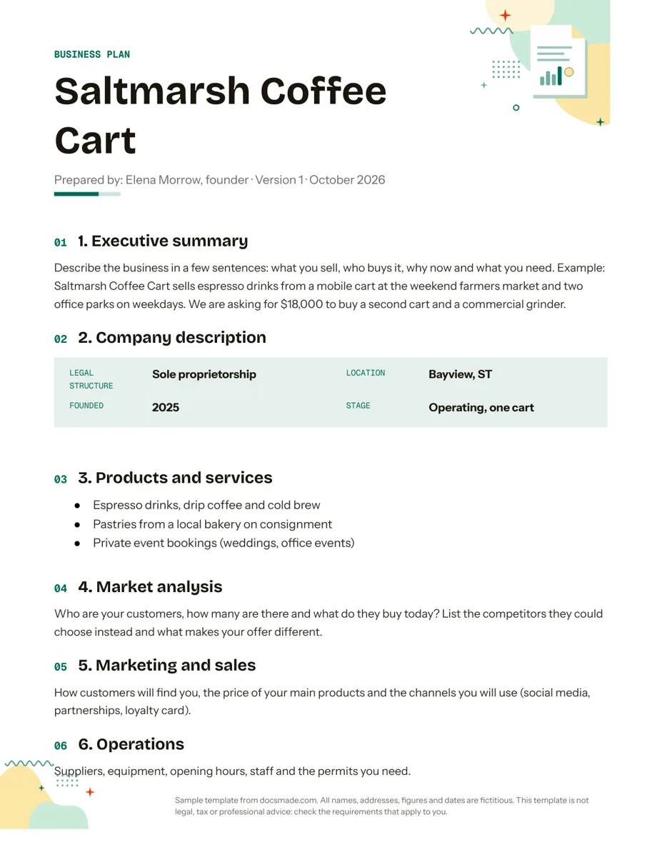 Business plan template in Google Docs, first page