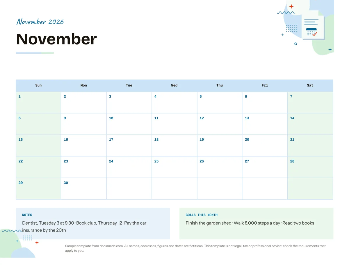 Calendar template in Google Docs, first page