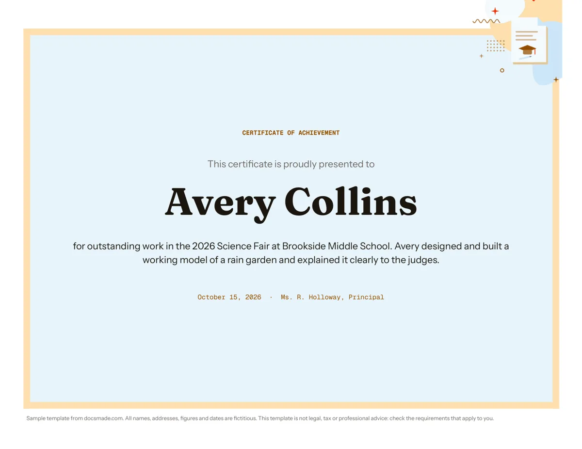 Certificate template in Google Docs, first page