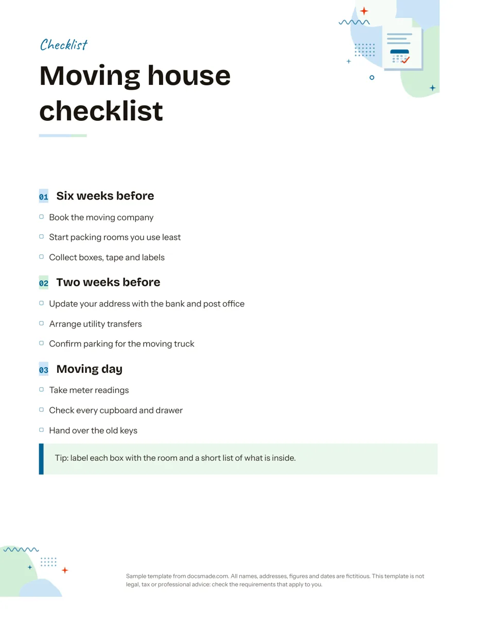 Checklist template in Google Docs, first page