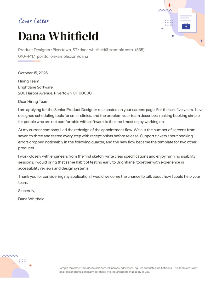 Cover letter template in Google Docs, first page