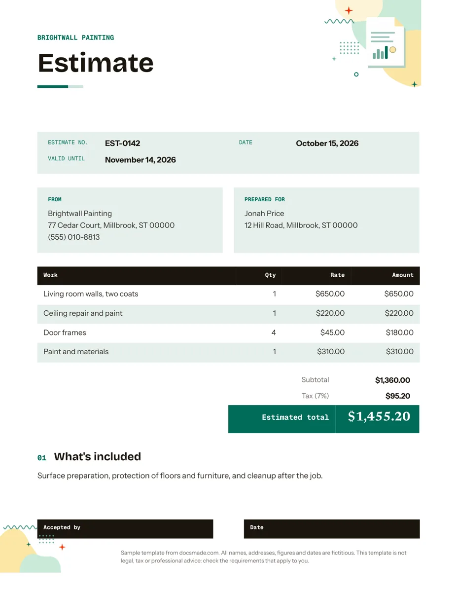 Estimate template in Google Docs, first page