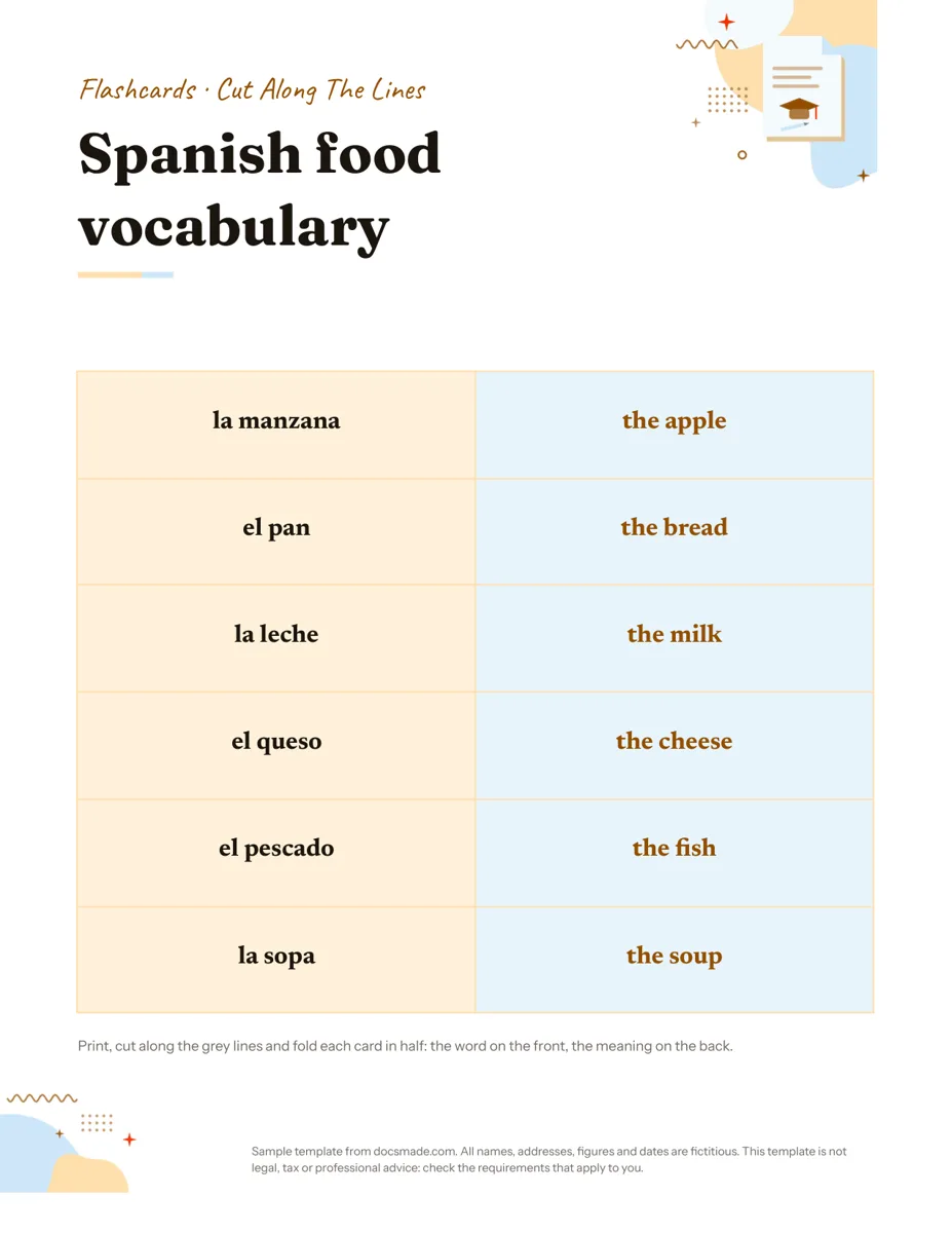 Flashcards template in Google Docs, first page