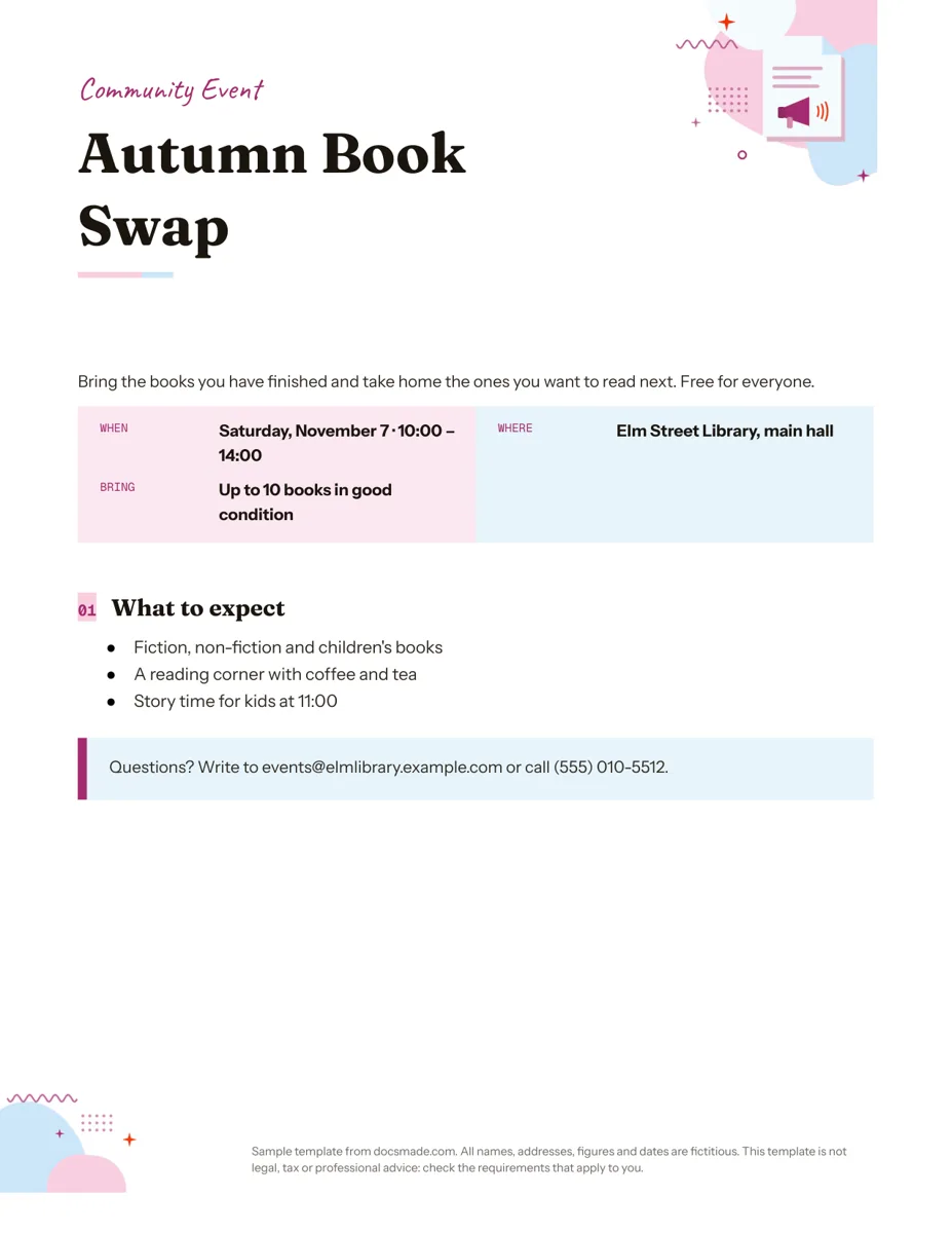 Flyer template in Google Docs, first page