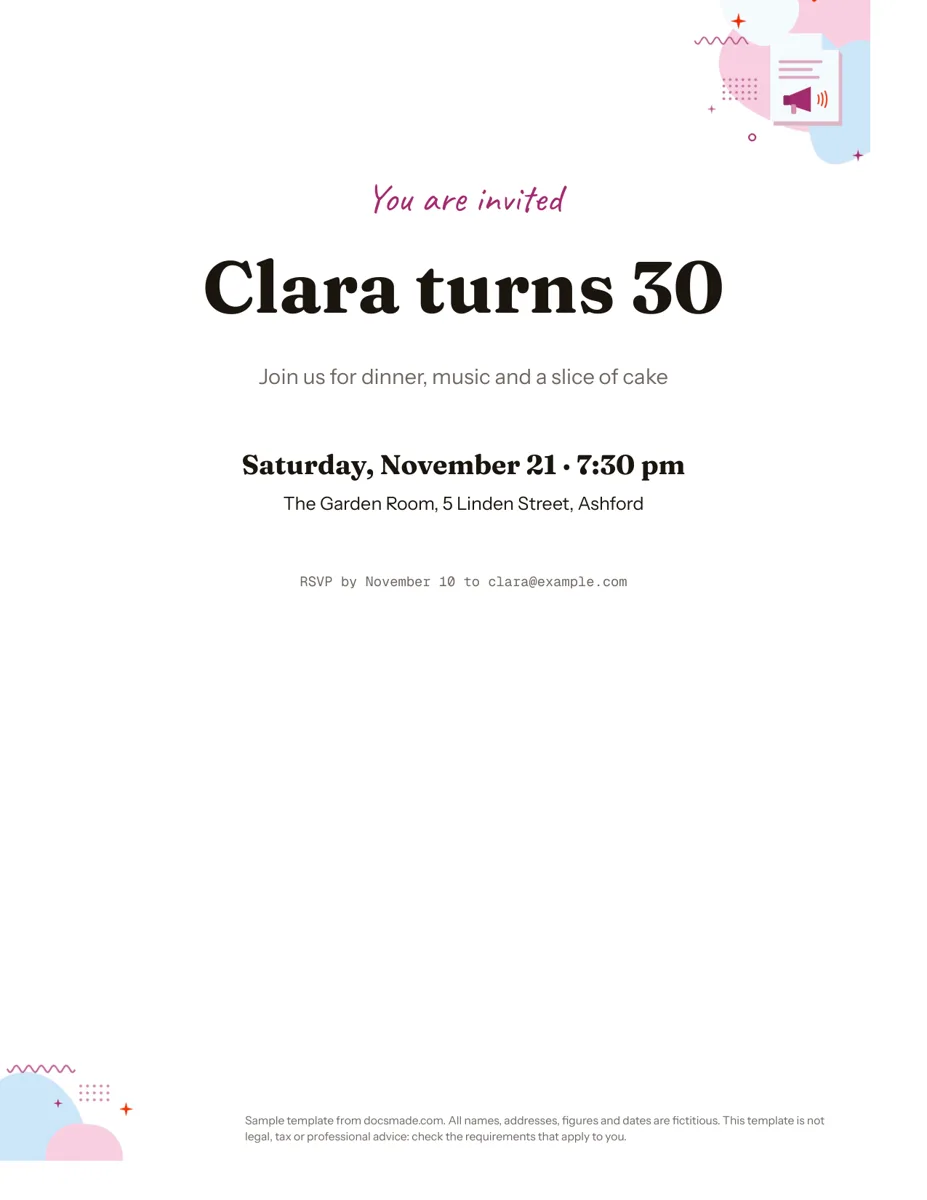 Invitation template in Google Docs, first page