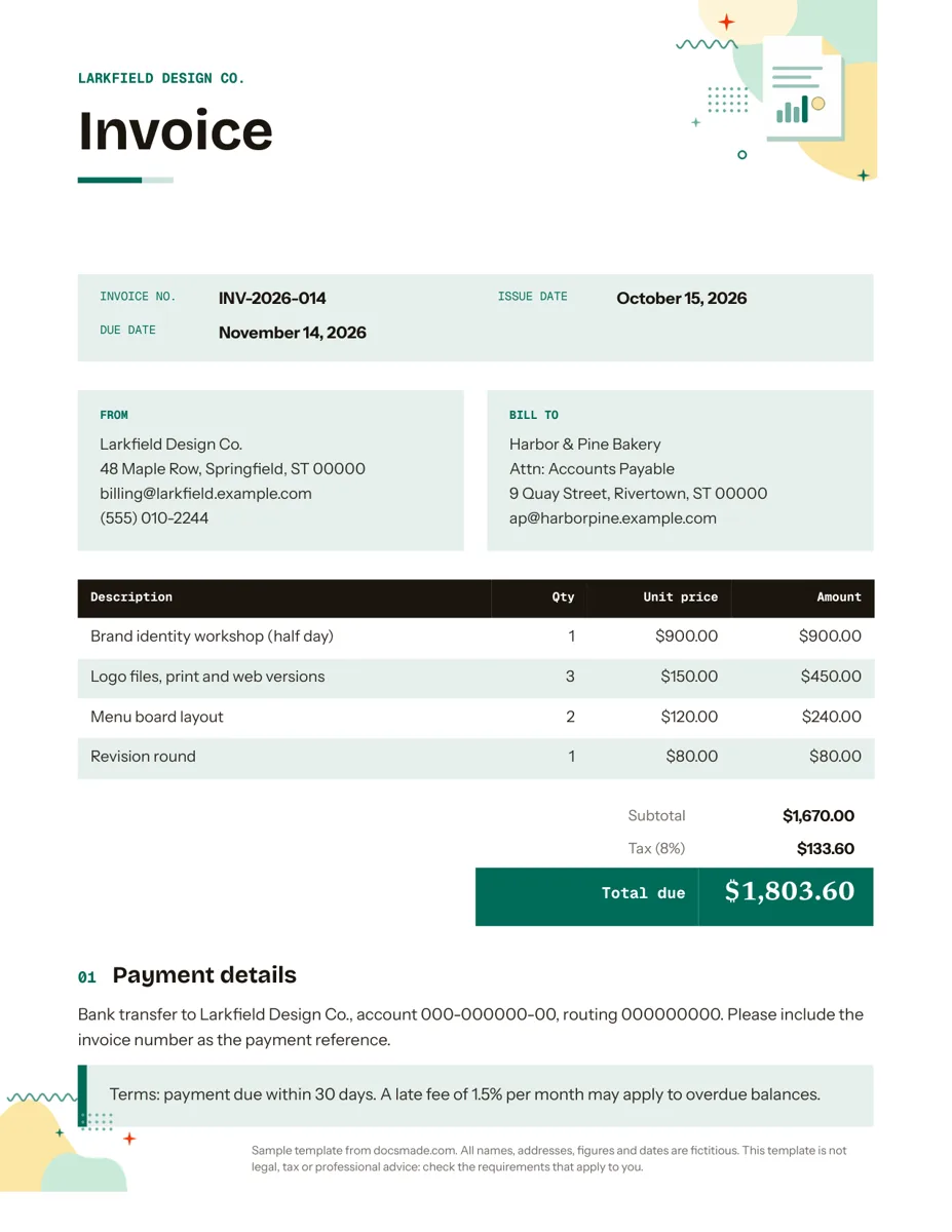 Invoice template in Google Docs, first page