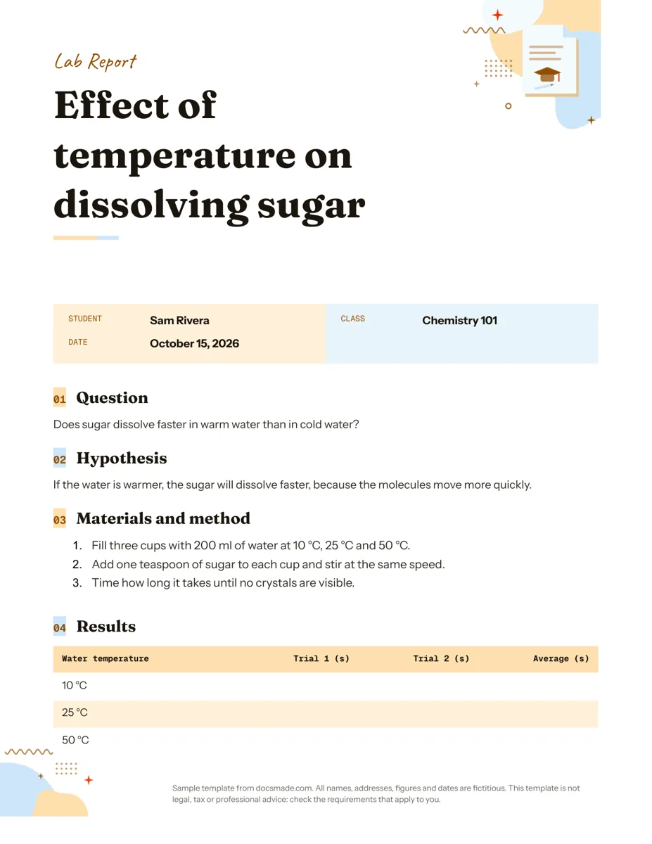 Lab report template in Google Docs, first page