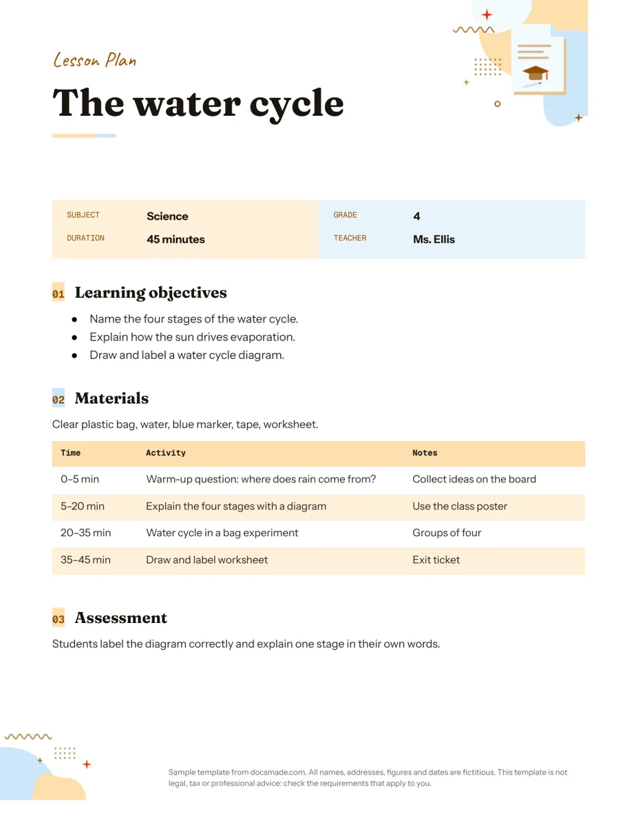 Lesson plan template in Google Docs, first page