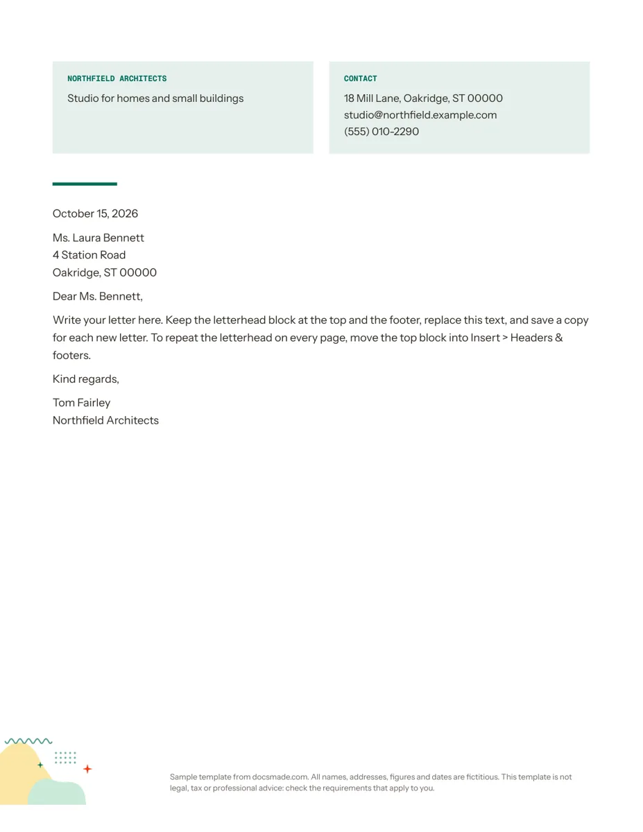 Letterhead template in Google Docs, first page