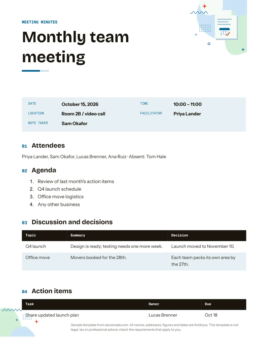 Meeting minutes template in Google Docs, first page
