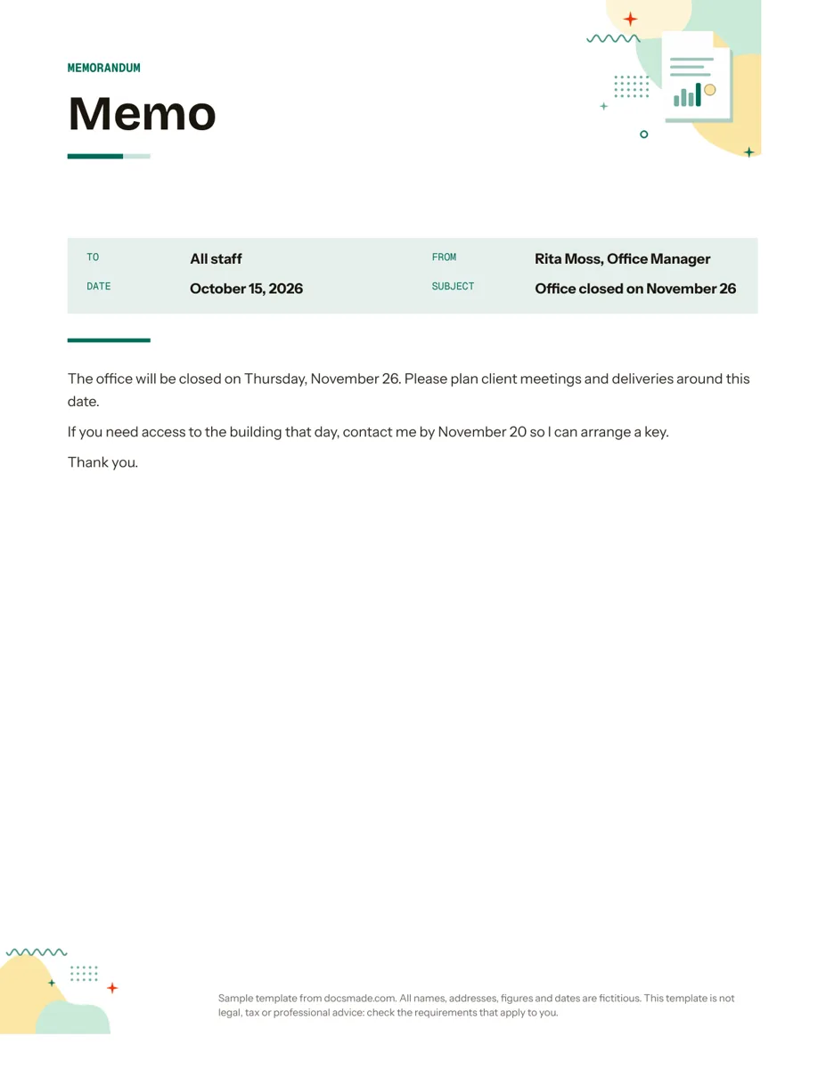 Memo template in Google Docs, first page