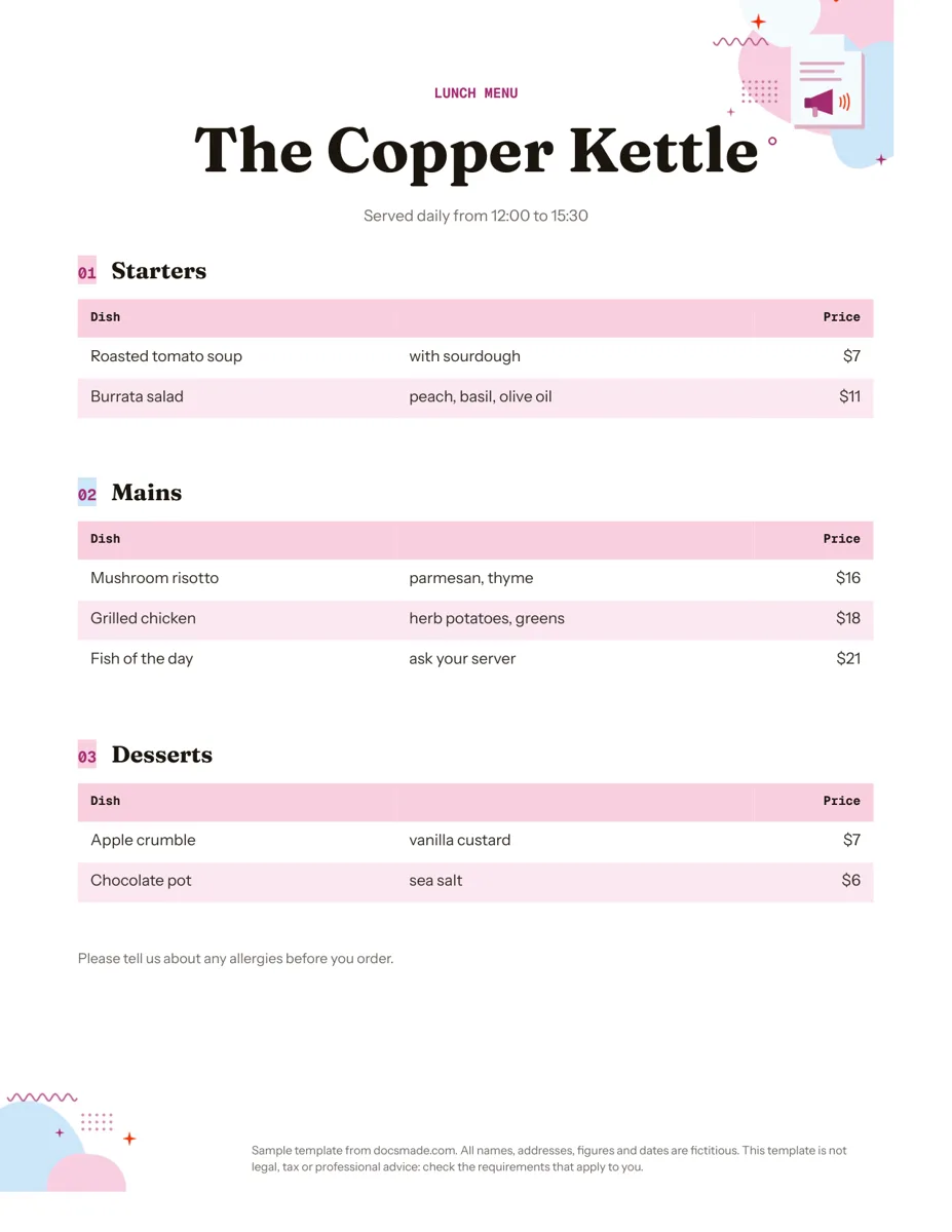 Menu template in Google Docs, first page
