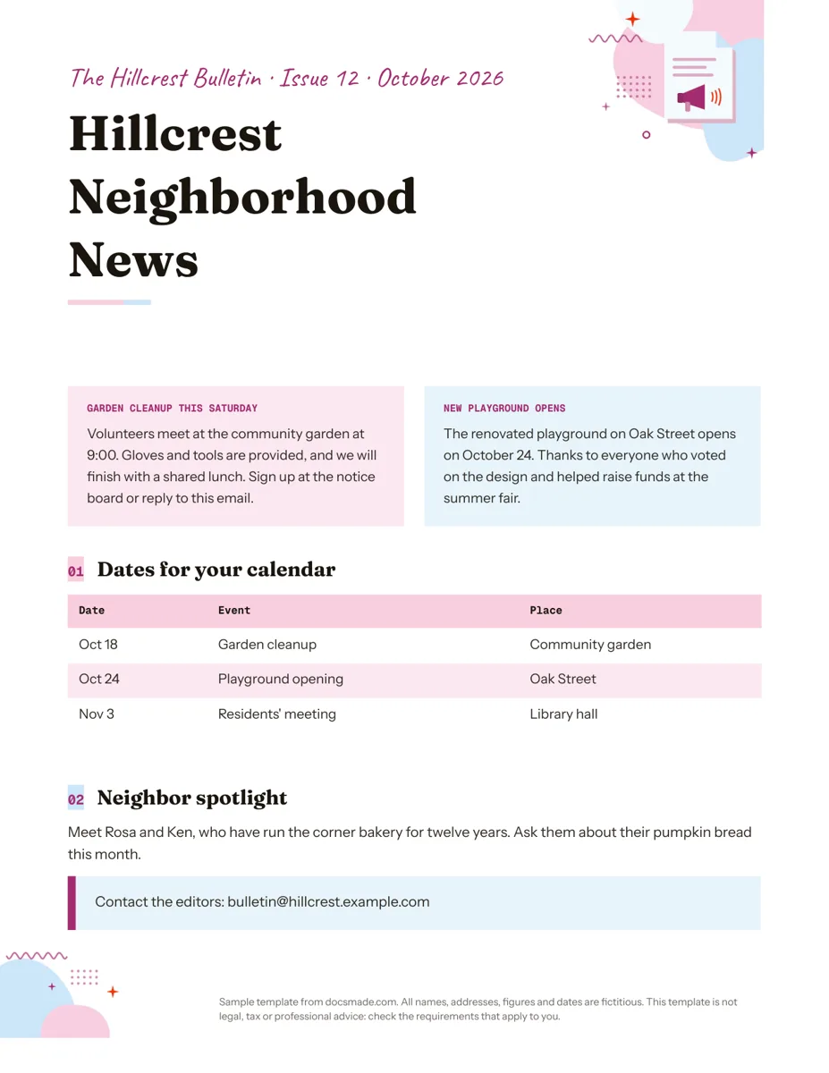 Newsletter template in Google Docs, first page