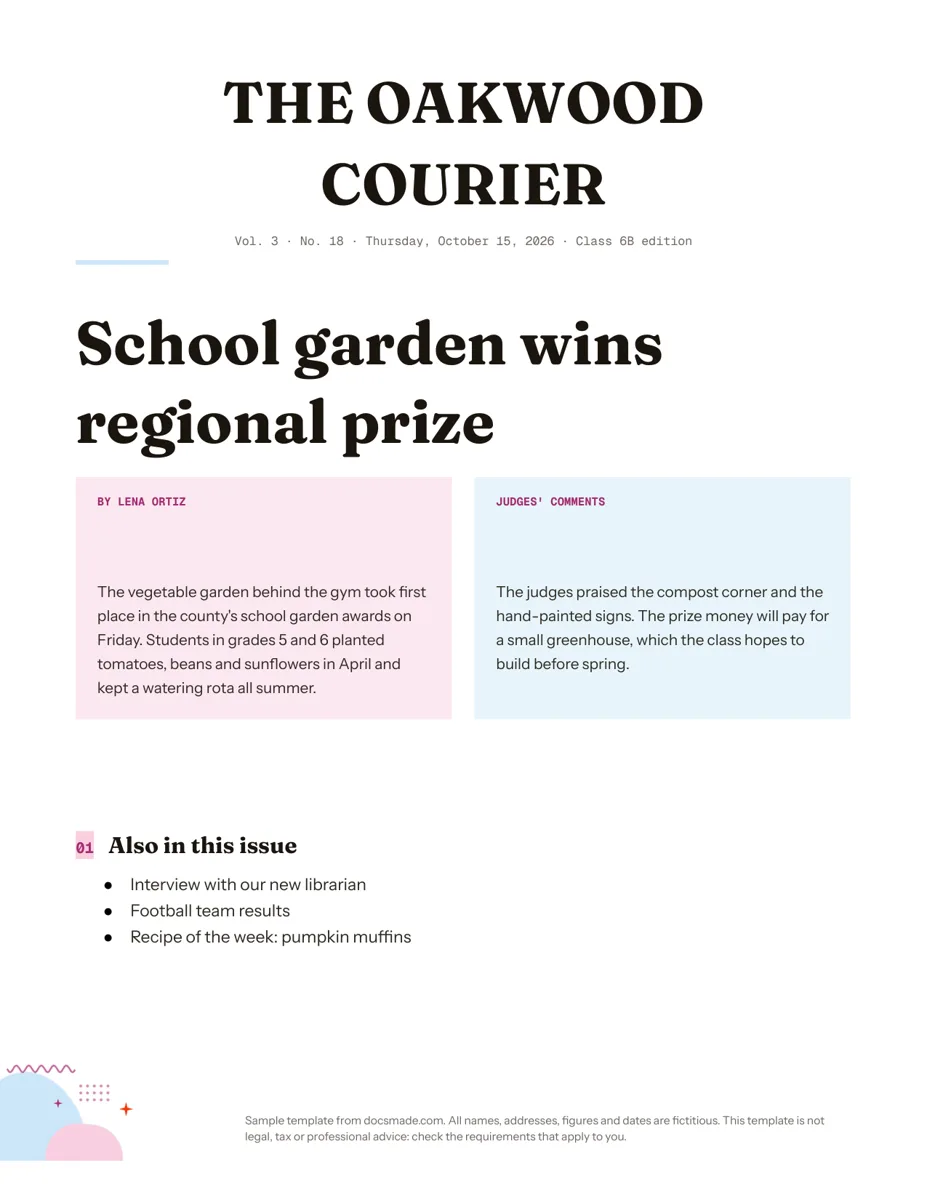 Newspaper template in Google Docs, first page