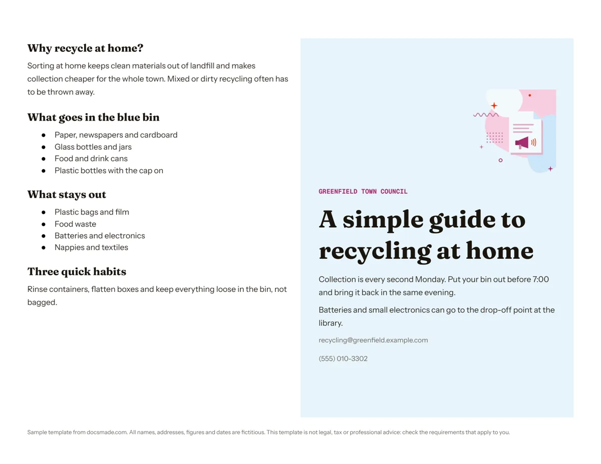 Pamphlet template in Google Docs, first page