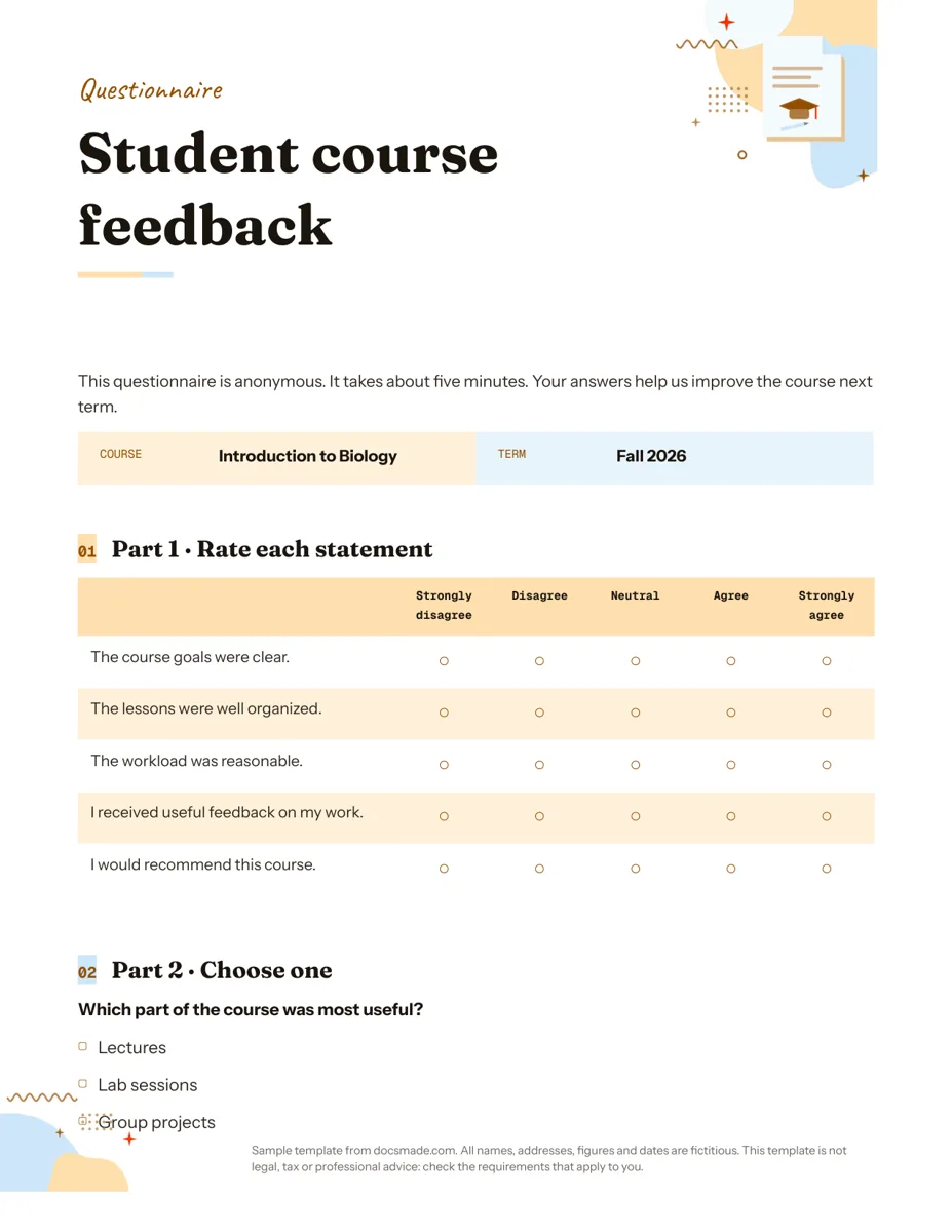 Questionnaire template in Google Docs, first page