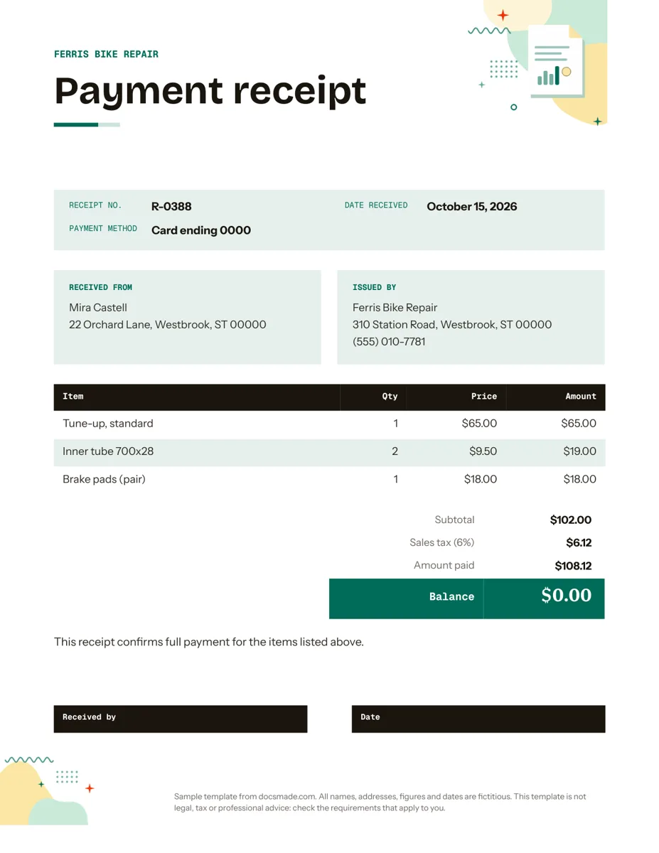 Receipt template in Google Docs, first page