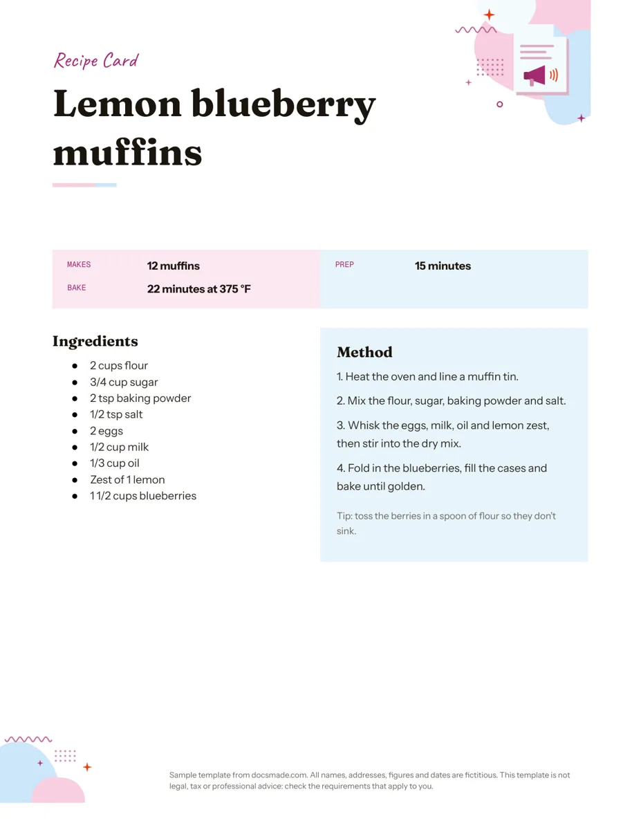 Recipe template in Google Docs, first page