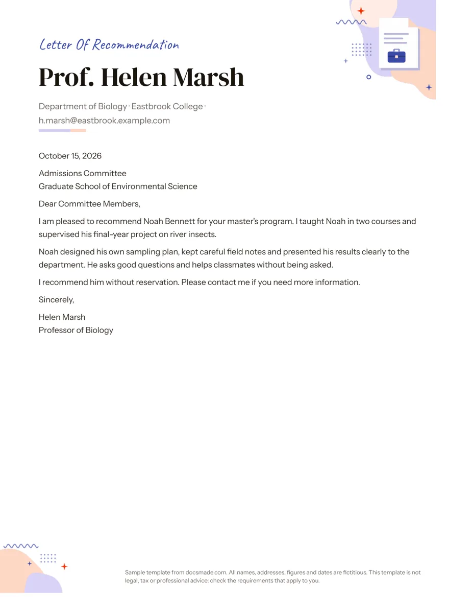 Letter of recommendation template in Google Docs, first page