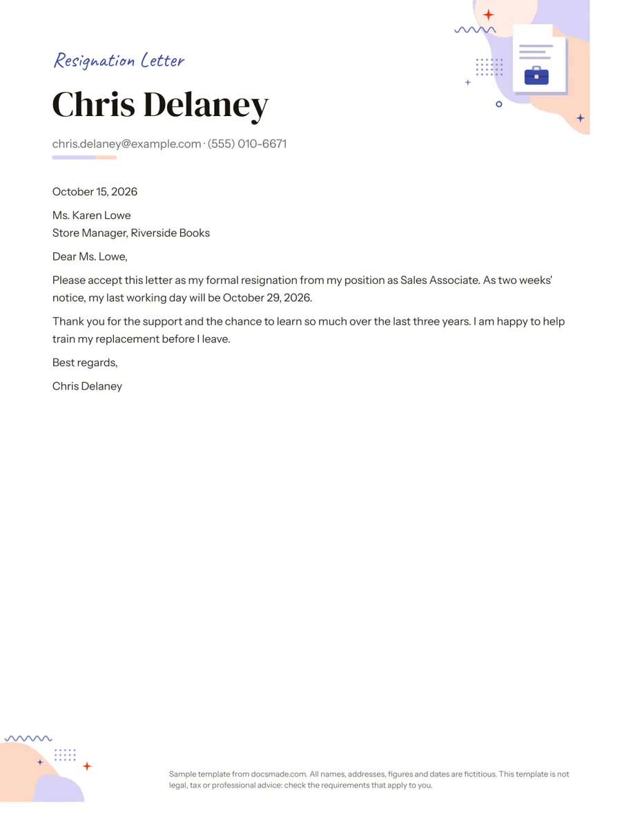 Resignation letter template in Google Docs, first page